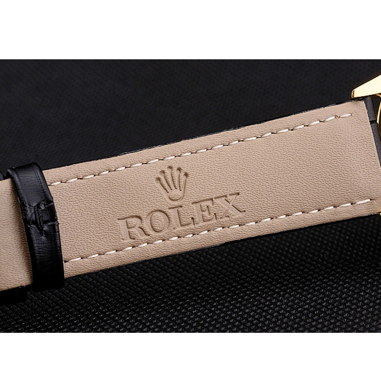 Aaa replica Black Dial Gold Datejust Strap Swiss Case Rolex Black Leather 0521